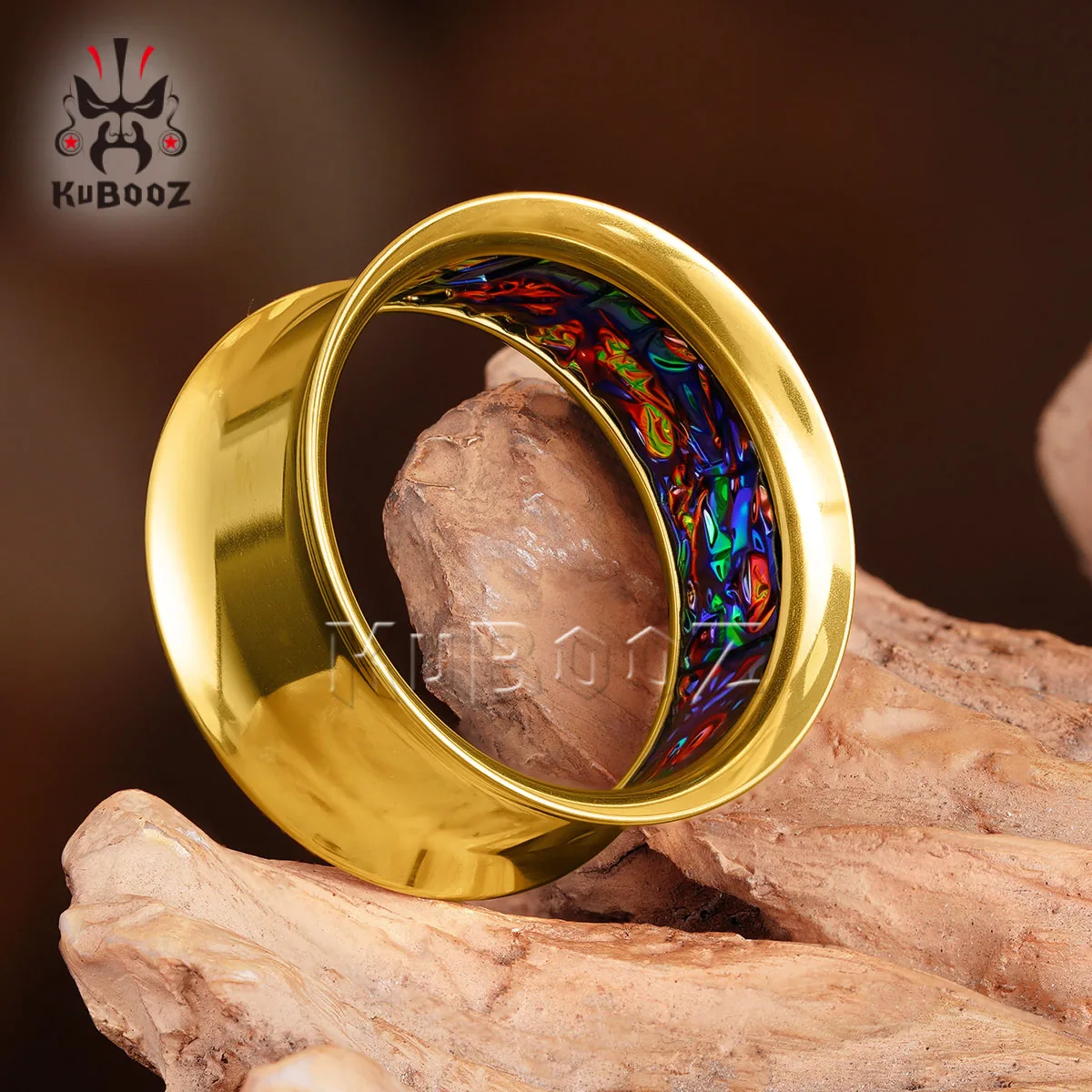 KUBOOZ Unisex Punk Double Flared Edelstahl Ohrstreckerschlaufen, schillernde Crackle-Innenohrtunnel, 2er-Set Piercing-Schmuck – Detail 3