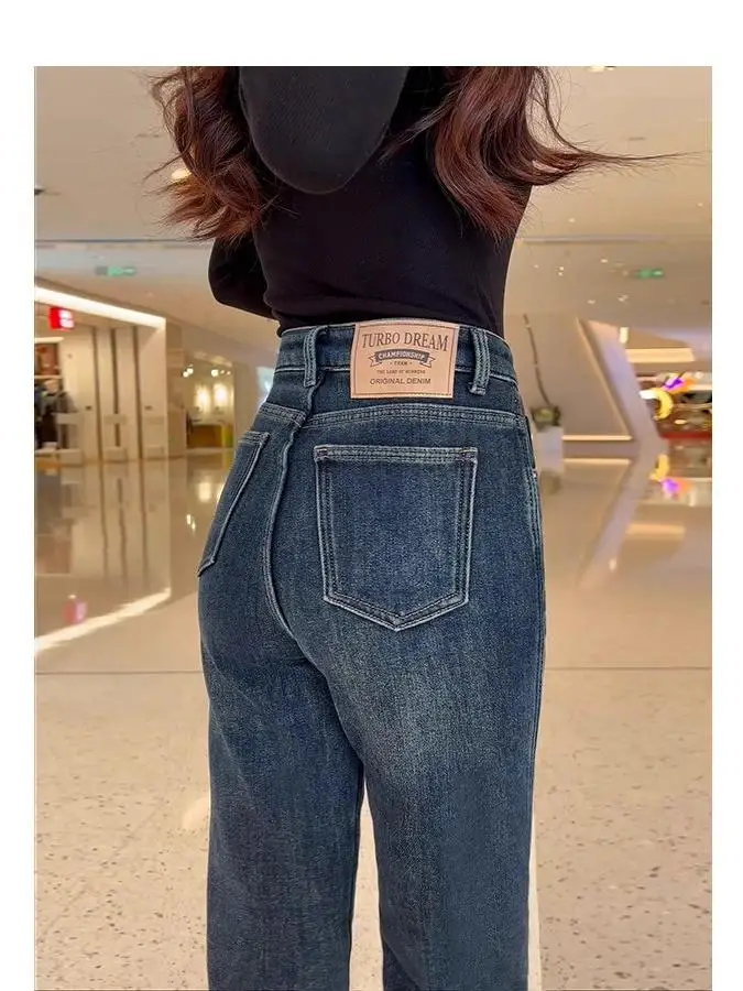 

Утепленные флисовые джинсы с высокой талией и прямыми штанинами для женщин, осенне-зимняя новинка, утягивающие универсальные брюки с широкими штанинами