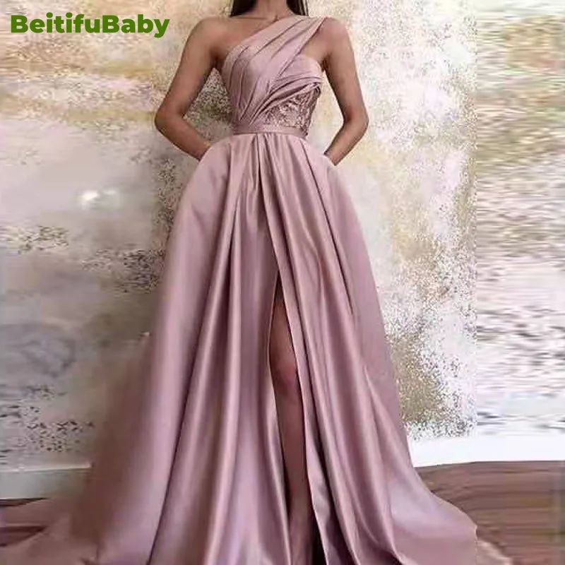 BeitifuBaby 2024 Women's Prom Dress Solid One Shoulder Sleeveless Long Skirt with Pockets Evening Party Dress for Women Vestidos