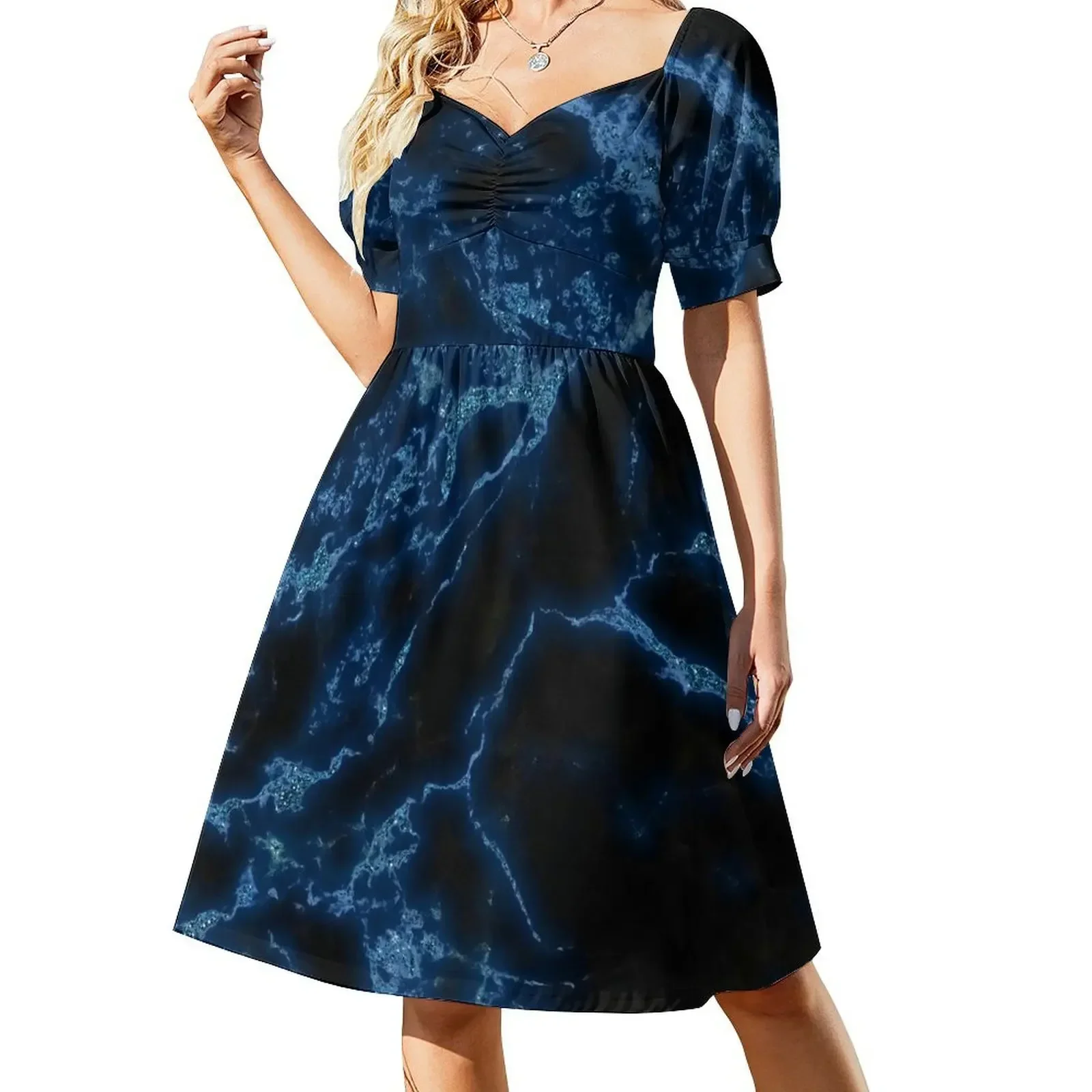 

Classic Night Blue Faux Marble with Glitter Short-Sleeved Dress dress for women summer women's summer dress 2025