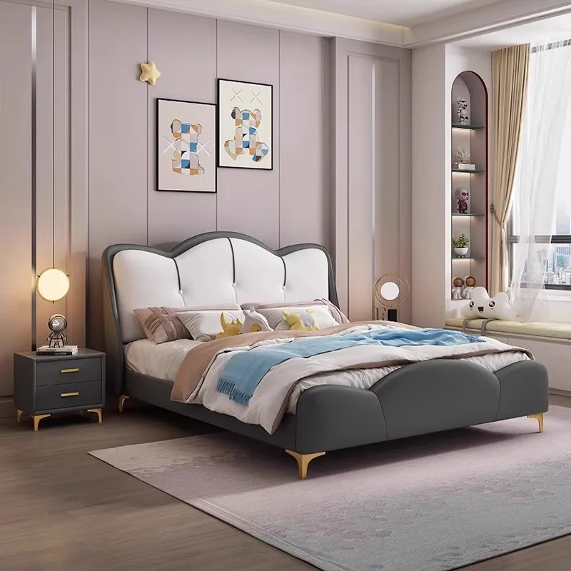 Modern Luxury Wood Convertible Children's Bed 1.8-meter Princess Bed Leather Upholstery Soft Package Backrest Boys Girls Bedroom