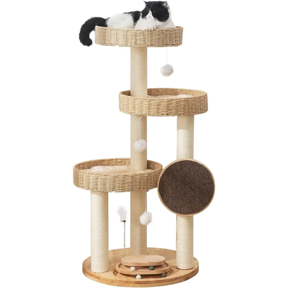 

Solid Wood Cat Tree,modern Cat Tower With Scratching Posts, Hand-woven Beds & Toys | Heavy-duty 20lbs Capacity,indoor Cat Furnit