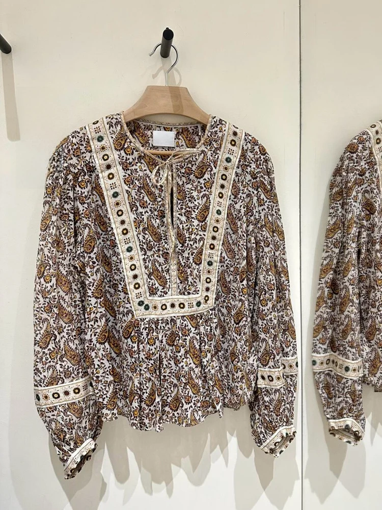 

Retro Paisley Print Loose Bubble Sleeve Shirt with Belt Spring Summer Women's Cotton Casual Fashion round Neck Long Sleeve