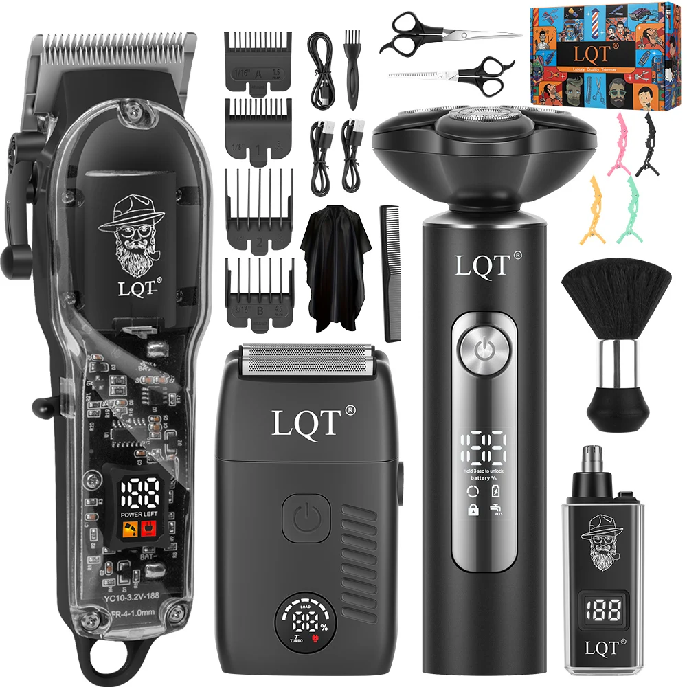 LQT 3 In 1 Barber Hair Clipper Kit Transparent Body Rotary Bald Shaver Foil Shaver LCD Rechargeable Men Haircut Grooming Set