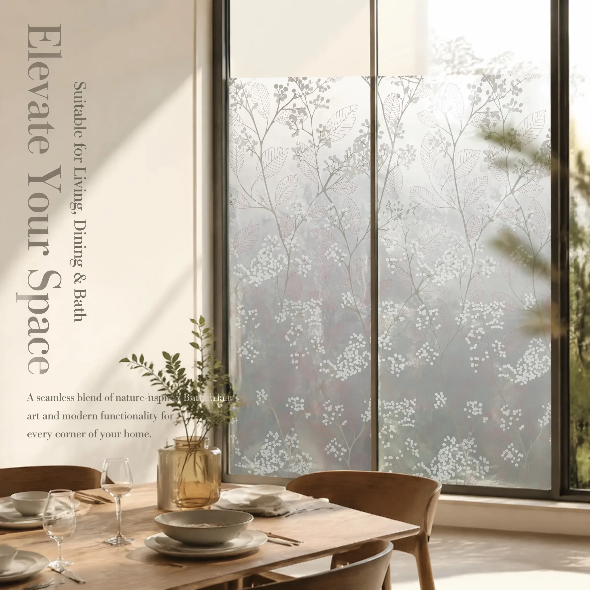 Elegant Vintage Red Brown Leaf Berry Privacy Window Film Built-in Adhesive Soft Light Filter Cuttable PVC for Warm Minimalist