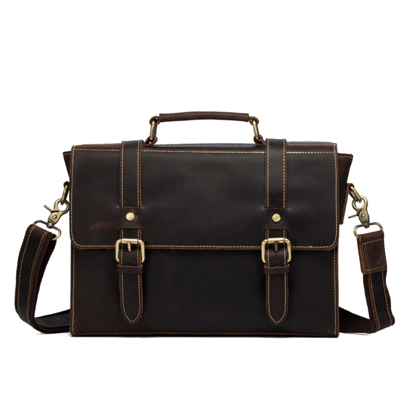 Handmade vintage men's handheld business briefcase leather messenger bag top cowhide simple shoulder bag cross-body bag