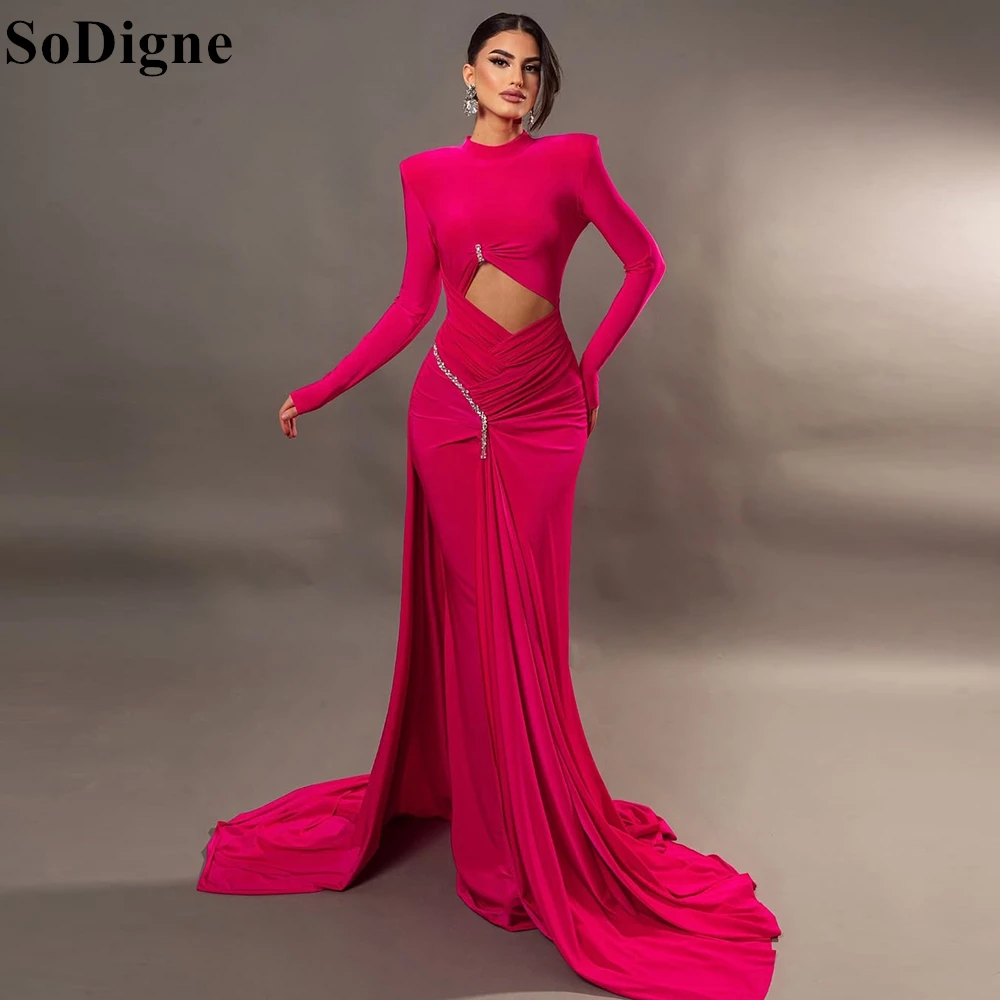 

SoDigne Sexy Fuchsia Evening Dresses Mermaid O-Neck Beading Crystal Draped Party Dress 2025 Special Occasion Prom Gown Customize