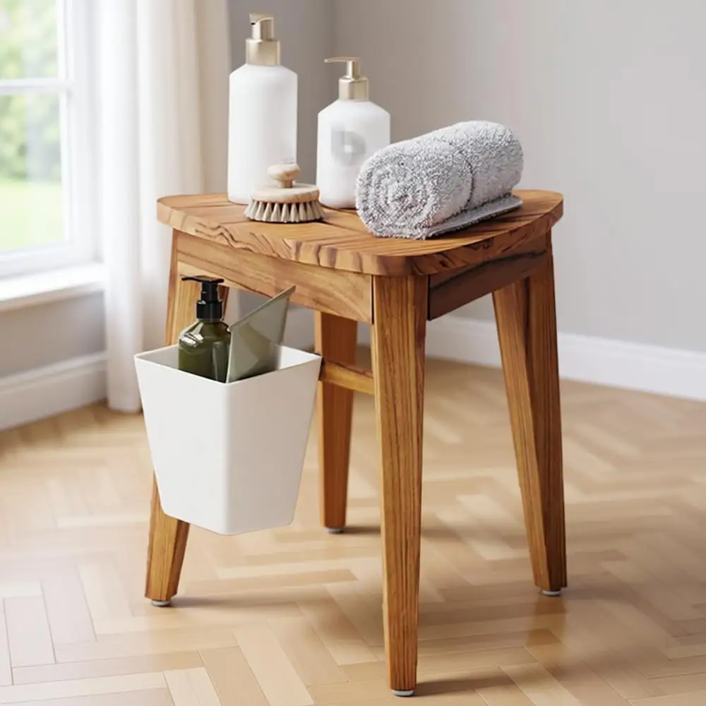 

Прочная табуретка для душа из тика с нескользящей поверхностью и корзиной для хранения для ванны и бритья