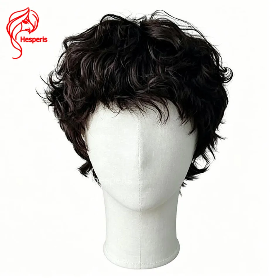 

Hesperis Men's Pixie Cut Full Lace Wig Brazilian Remy Human Hair Wavy Short Wig with Bangs Natural Color for Male
