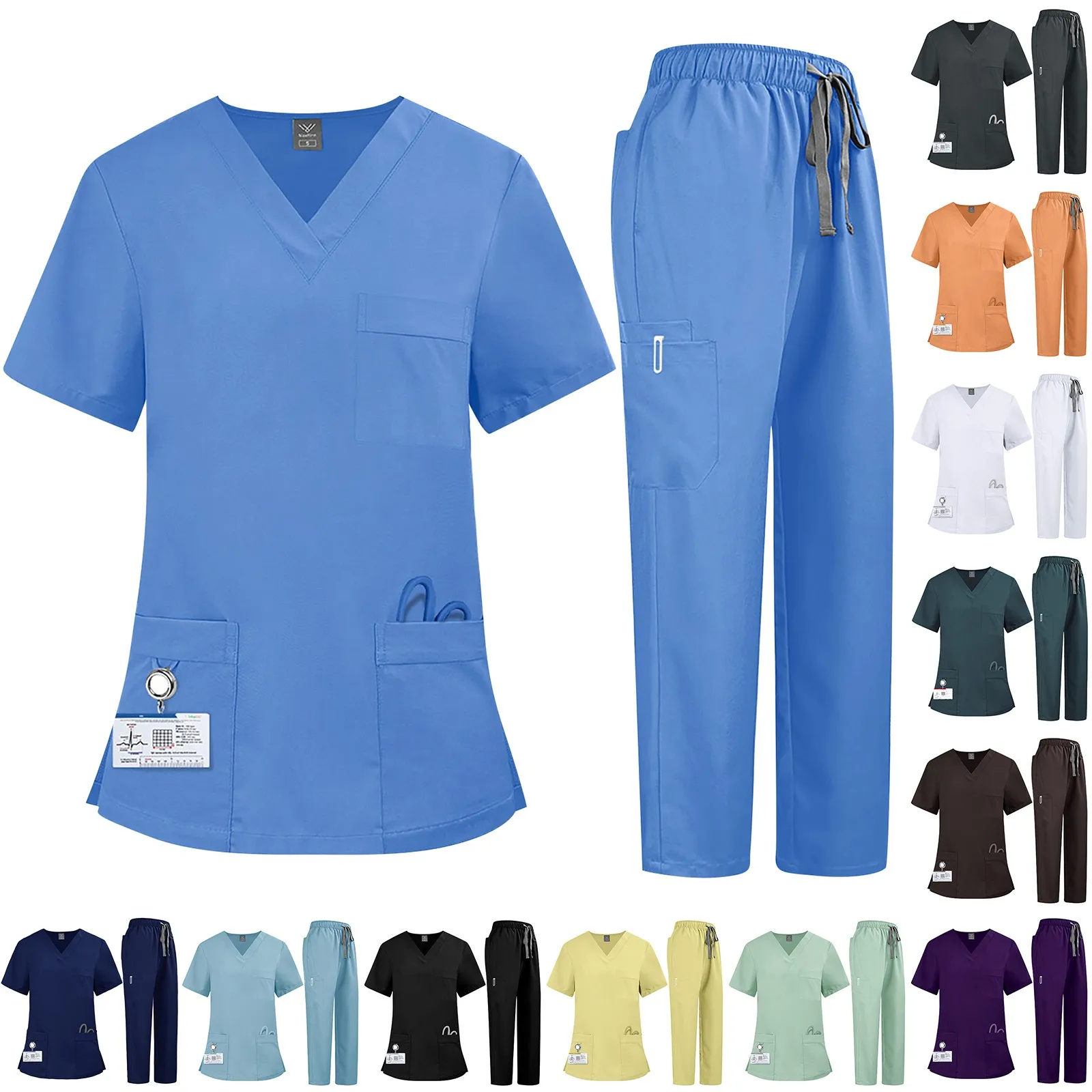 Uniforme de enfermera médica Unisex, ropa de trabajo, tela de secado rápido, Color sólido, cuello en V, pantalones cortos con bolsillo, conjunto de pantalones superiores