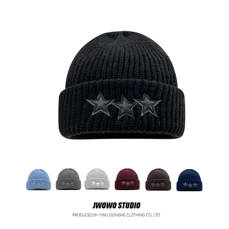 Cute Leather Five-pointed Star Embroidered Knitted Hat for Women Winter Korean Fashion Woolen Hat Travel Ear-protecting Warm Hat