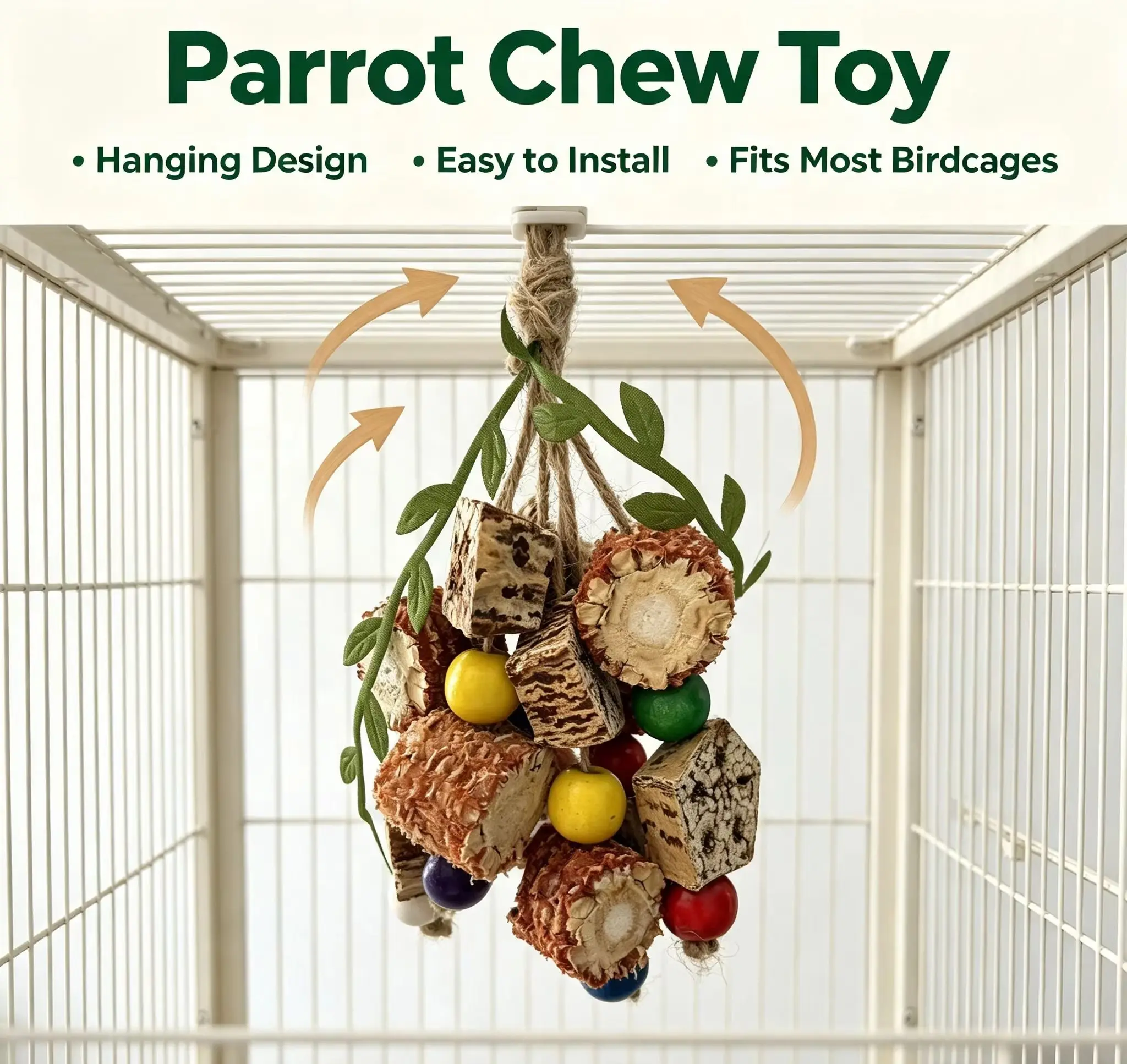 2 Pack Natural Bird Chew Toys, Colorful Hanging Cage Accessories, Parrot Toys for Cockatiels, Budgies, Parakeets, Sun Conures
