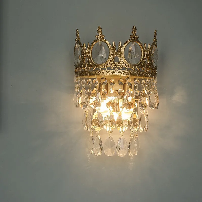 

French luxury all-copper crown crystal wall lamp European American bedroom bedside living room aisle stairs high-end wall lamp