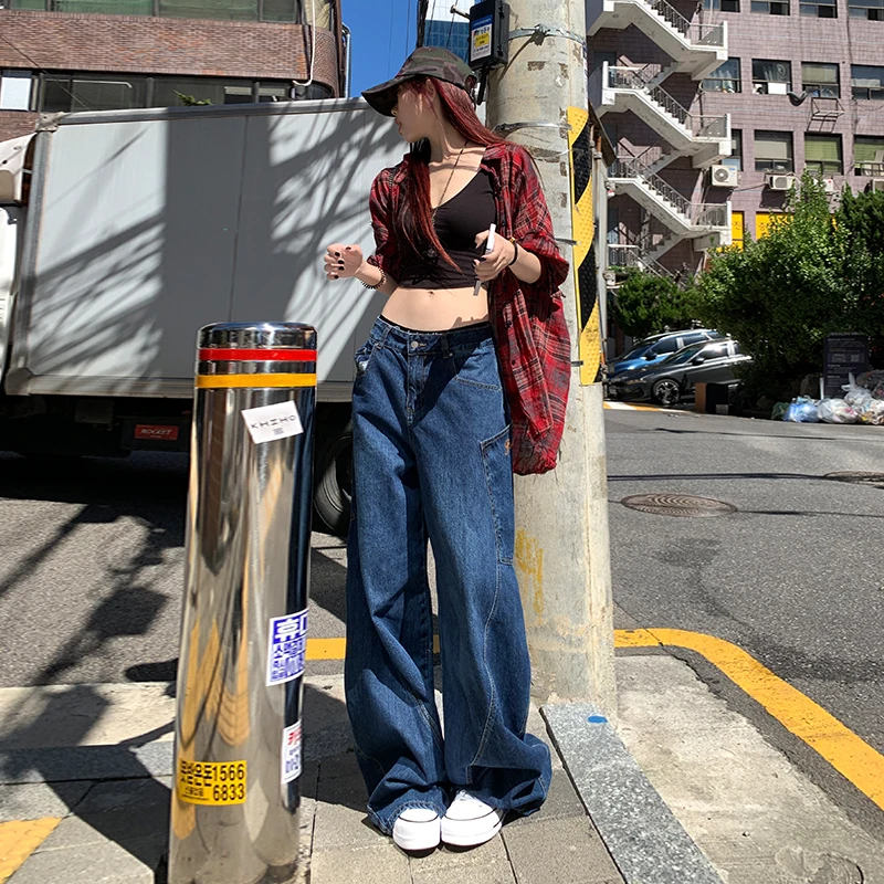 splicing tooling  scimitar jeans women's spring and autumn Japanese youth feeling street meat covering and thin loose version