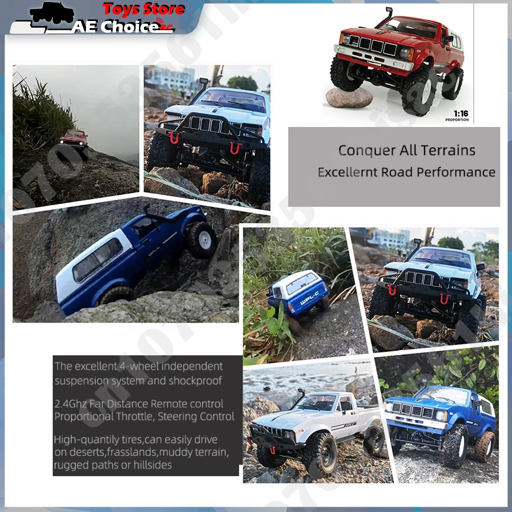 WPL C24 Full Scale RC Car 2.4G 4WD Rock Crawler Electric Buggy Climbing Truck LED Light On-road 1/16 For Kids Gifts Toys