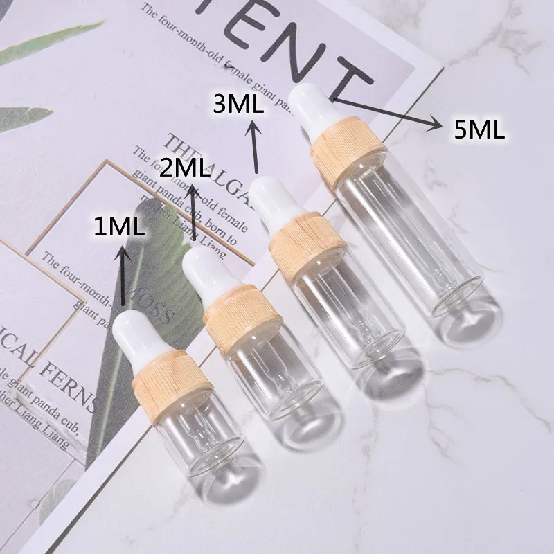 10 X 100 X 1/2/3/5 ML Clear Glass Bottle with Wood look Plastic Cap Pipette Refill Empty Essential Oil Bottle Mini Dropper Vial