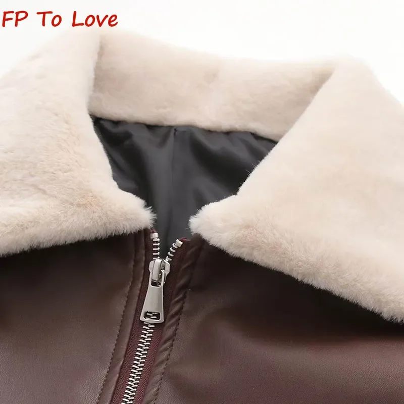 Y2K Mirad Autumn Winter Hair Collar Short Brown Large Pocket PU Jacket Retro Waisted Spice Girls Biker Jacket