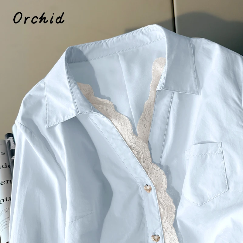 2025 夏の女性のカジュアルギャルファッションレースパッチワークシャツホットスウィートスタイルターンダウン襟長袖エレガントなブラウス