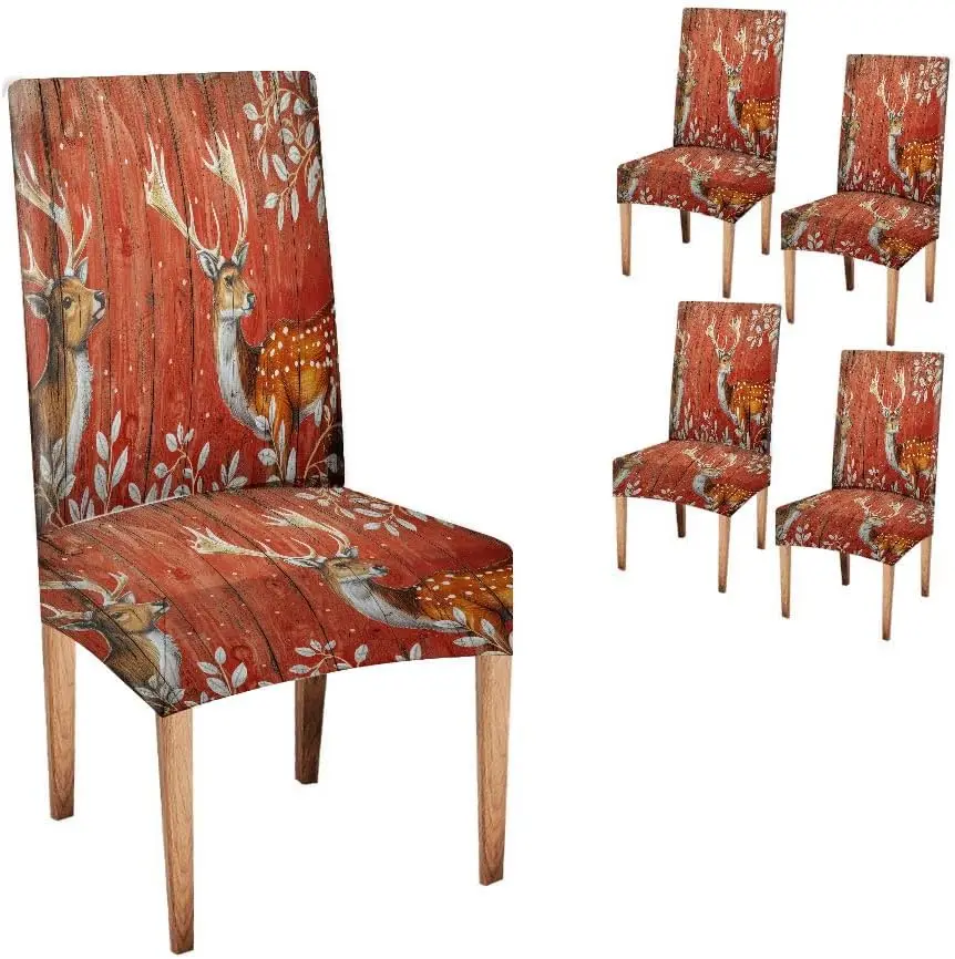 Christmas Red Deer White Leaves Chair Cover 1Pc, Stretch Removable Slipcover Anti-dust Seat Protector for Kitchen Wedding Party