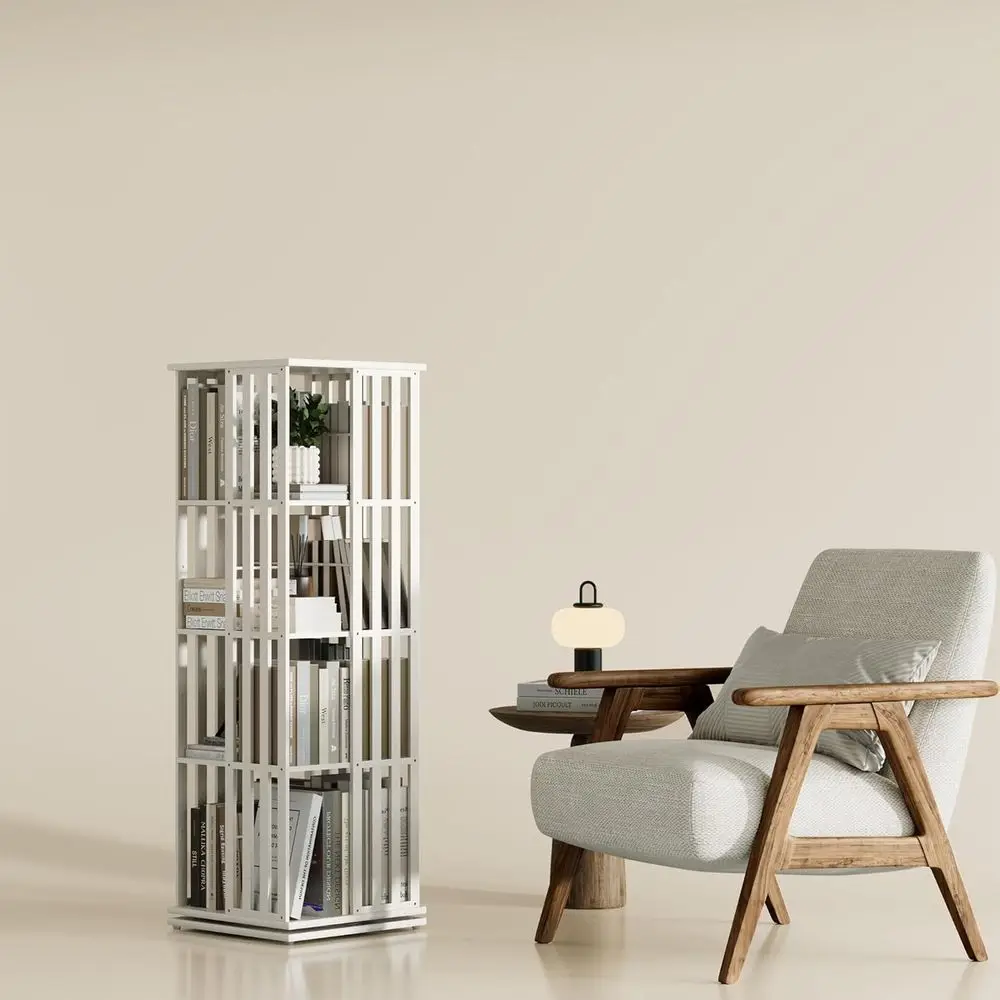 

360° Spinning Bamboo Bookcase, 4-Tier Storage Rack for Kids and Adults (White)