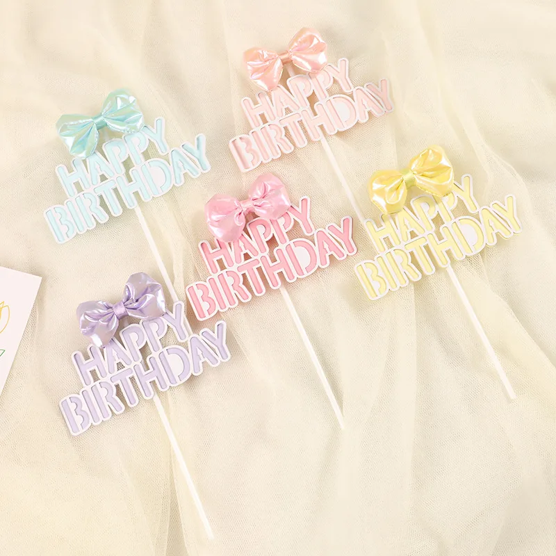 Cake Topper Flag bow-knot Happy Birthday Wedding Decoration Cupcake Toppers Baking Kids Party Baby Shower Cake Decor DIY New