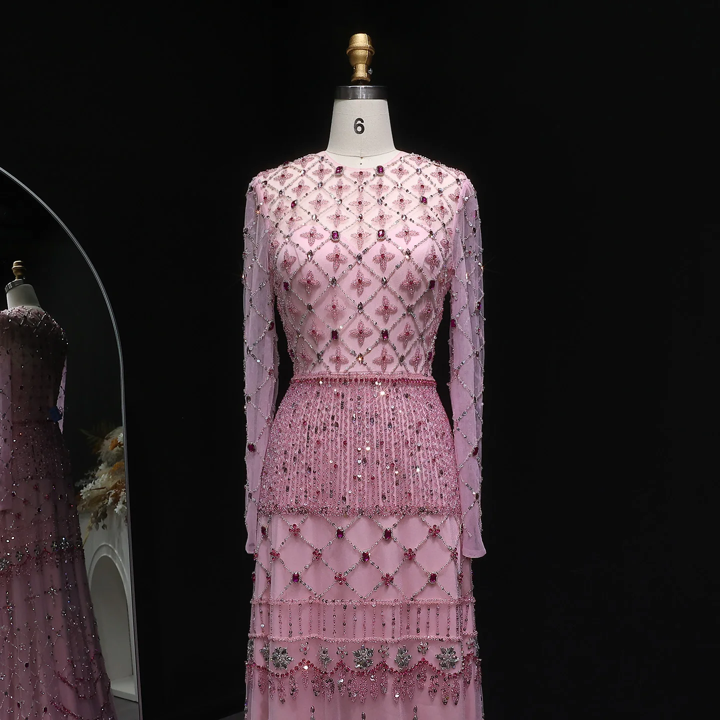 Sharon Said Abito da sera di lusso con perline rosa Manica lunga Dubai Elegante arabo Abiti da ballo per feste per le donne SS220 Personalizzato