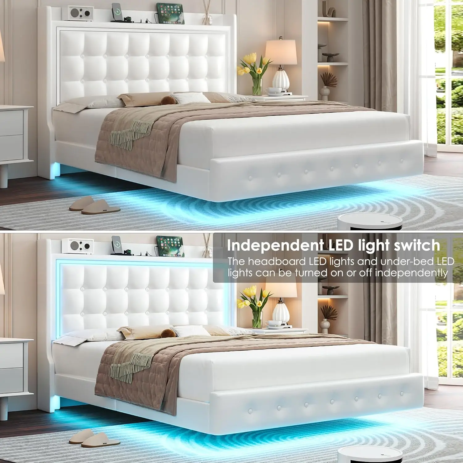 Estrutura de cama flutuante completa estofada Keyluv com luzes LED e estação de carregamento, cama de plataforma de couro pu com armazenamento capitoné de botão