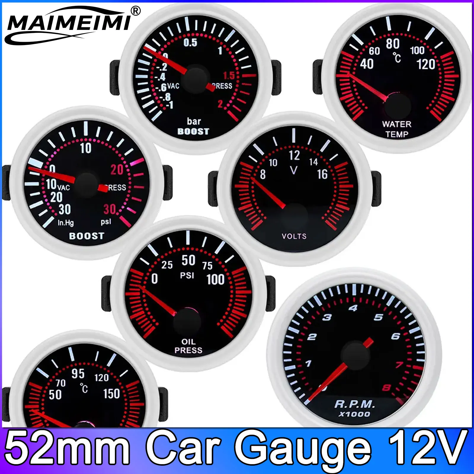 

52 мм турбонаддувальный манометр -1-2 бар автомобильный дымовой комплект указателя 1-30 фунтов на квадратный дюйм датчик температуры воды масла тахометр универсальный