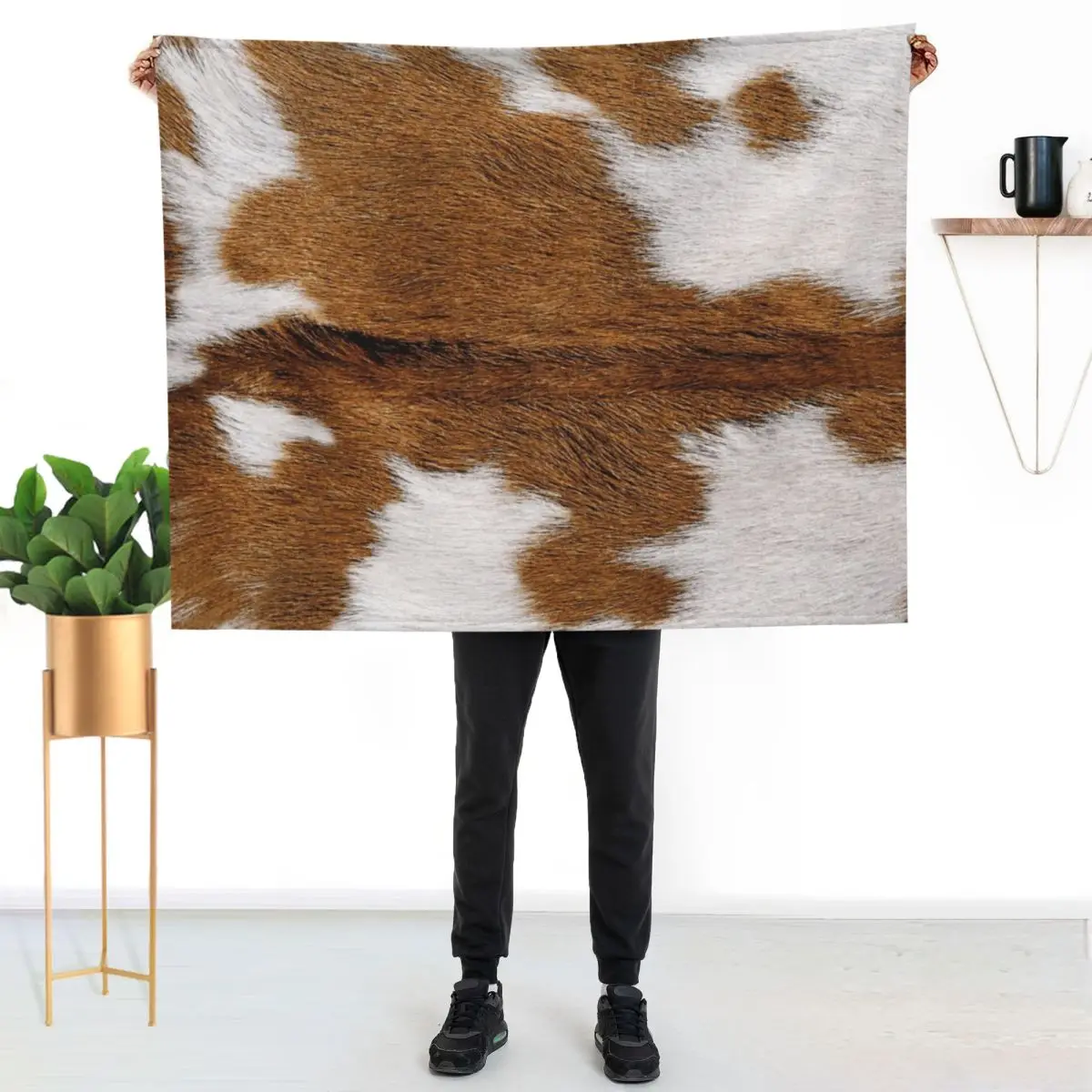 

Cow Hide Brown & White Throw Blanket Portable Lightweight Blanket for Travel Camping