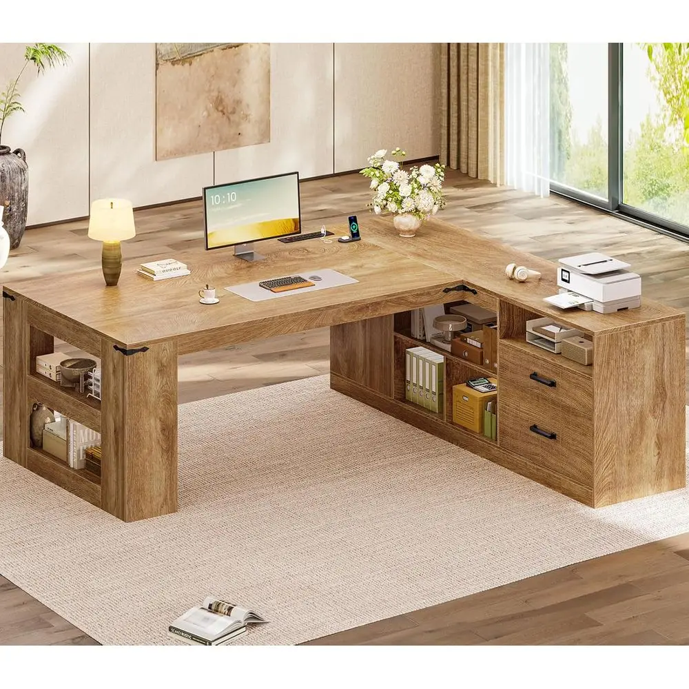 71 Executive Desk, Large Office Desk with Drawers & Power Outlets, L Shaped Computer Desk with Storage Shelves & Lateral File Ca