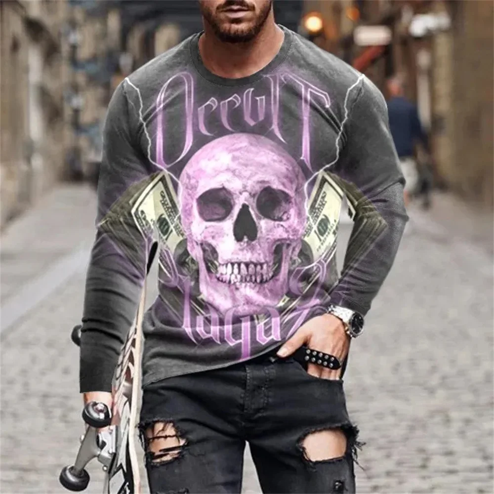 T-Shirts for Men Halloween Cool Skull Print Classic Streetwear O-Neck Graphic T Shirts Tops Sport Running Long Sleeves Clothing