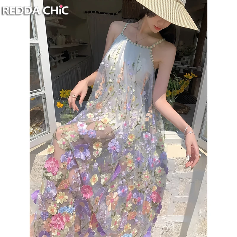

Летнее платье REDDACHiC Coquette с цветочной сеткой, длинное макси-платье на бретельках с вышивкой и аппликацией, для подружек невесты, женская одежда для свадьбы