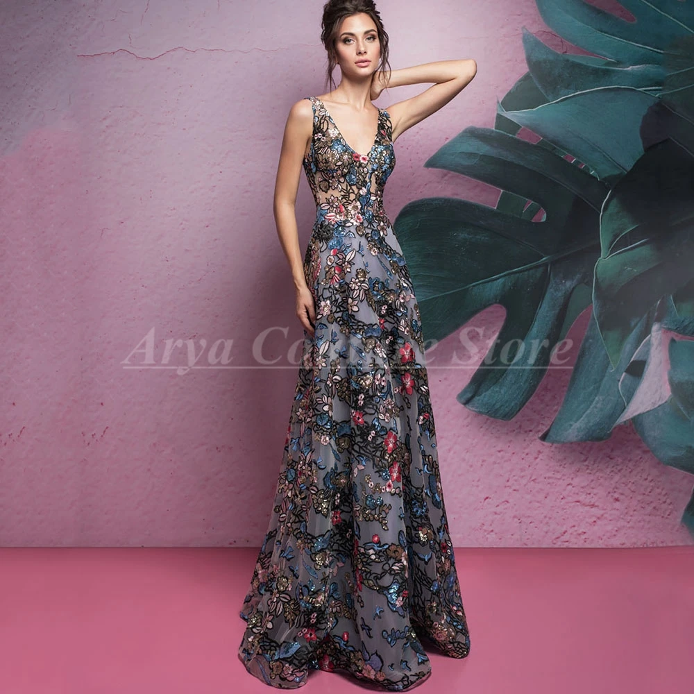 Organza Embroidered Evening Dress V-Neck Sleeveless Floral A-Line Long Gown Can Be Customized Women\'s Party Dinner Dresses