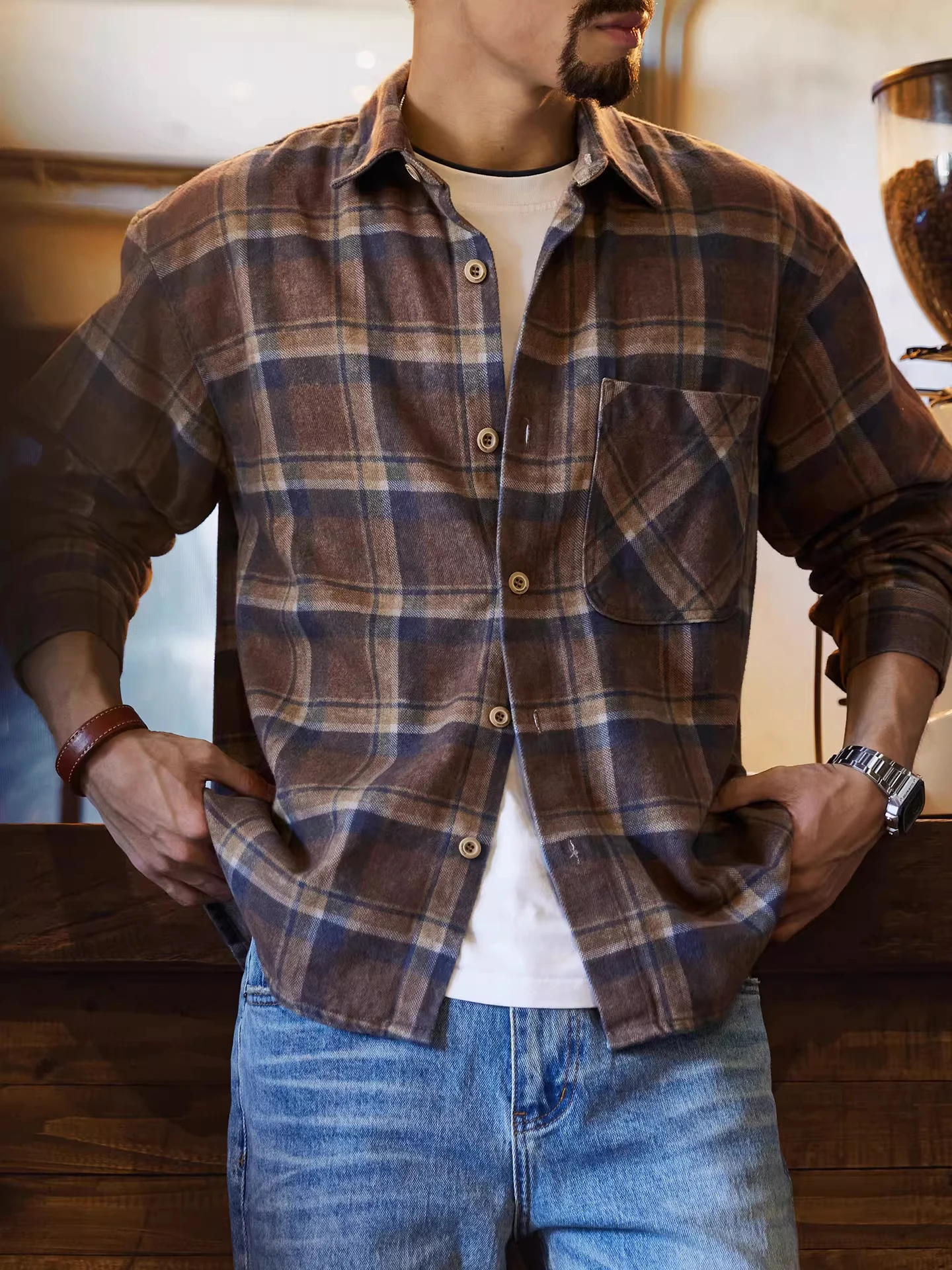 

Loose Long Sve Men's irt Casual Plaid Pattern Large Size Lyocell Mocha Brown Spring Autumn New Sle Faionable Coat