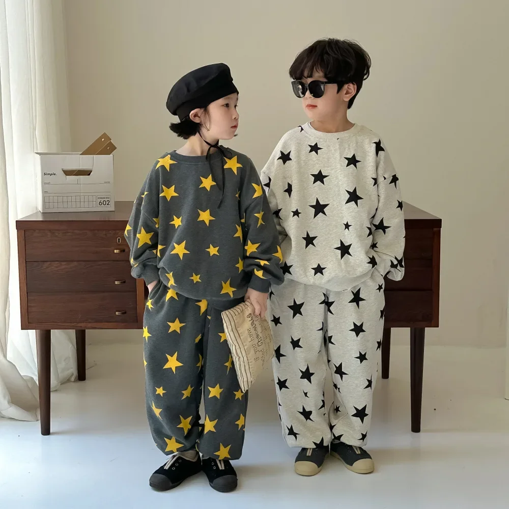 

Children Clothing Suit 2024 Autumn Boys and Girls Korean Style Full-print Long-sleeved Trousers Hoodie Fashionable Two Piece Set