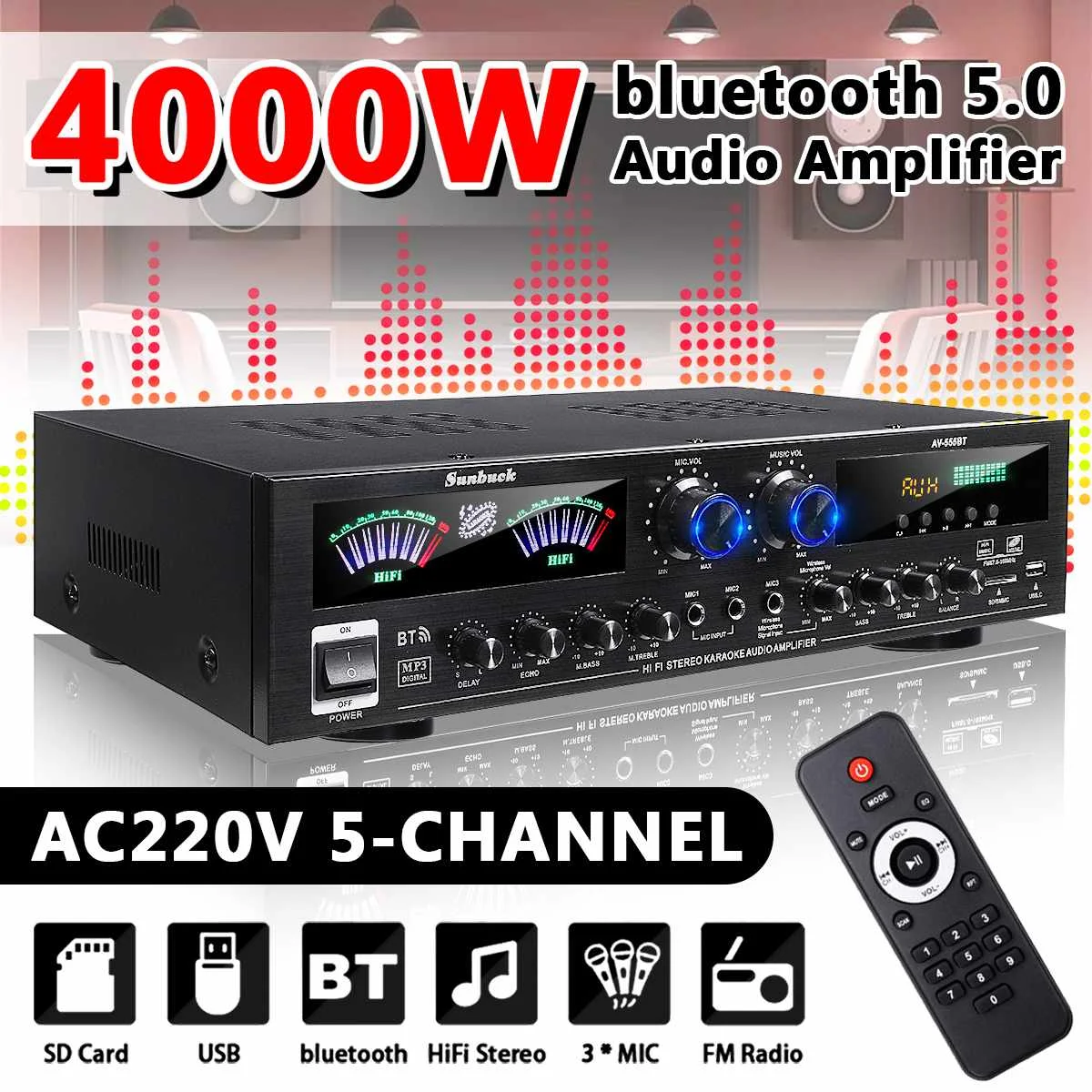 Nowy 4000W 5-kanałowy wyświetlacz LCD Wzmacniacz kina domowego 12V bluetooth Wzmacniacz mocy domowej Audio Stereo amplificador FM USB SD 3Mic