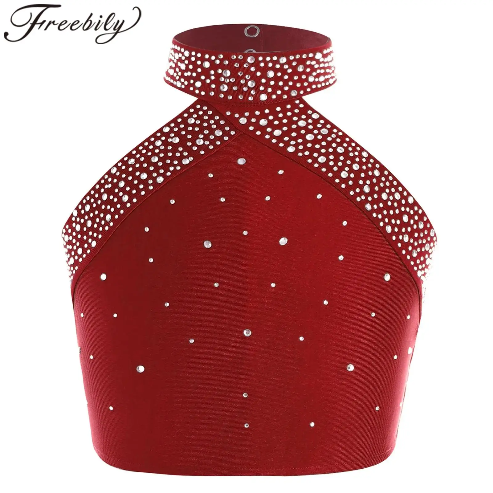 

Kids Ballet Dance Tops for Girls Skating Tops Children Halter Neck Tank Crop Top Sparkly Rhinestone Sleeveless Vest Dancewear