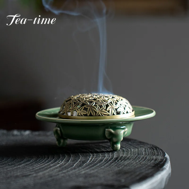 Celadon Incense Stove with Copper Cover Incense Holder Elegant Household Scented Aromatic Candles White Tea Tea Items Collection