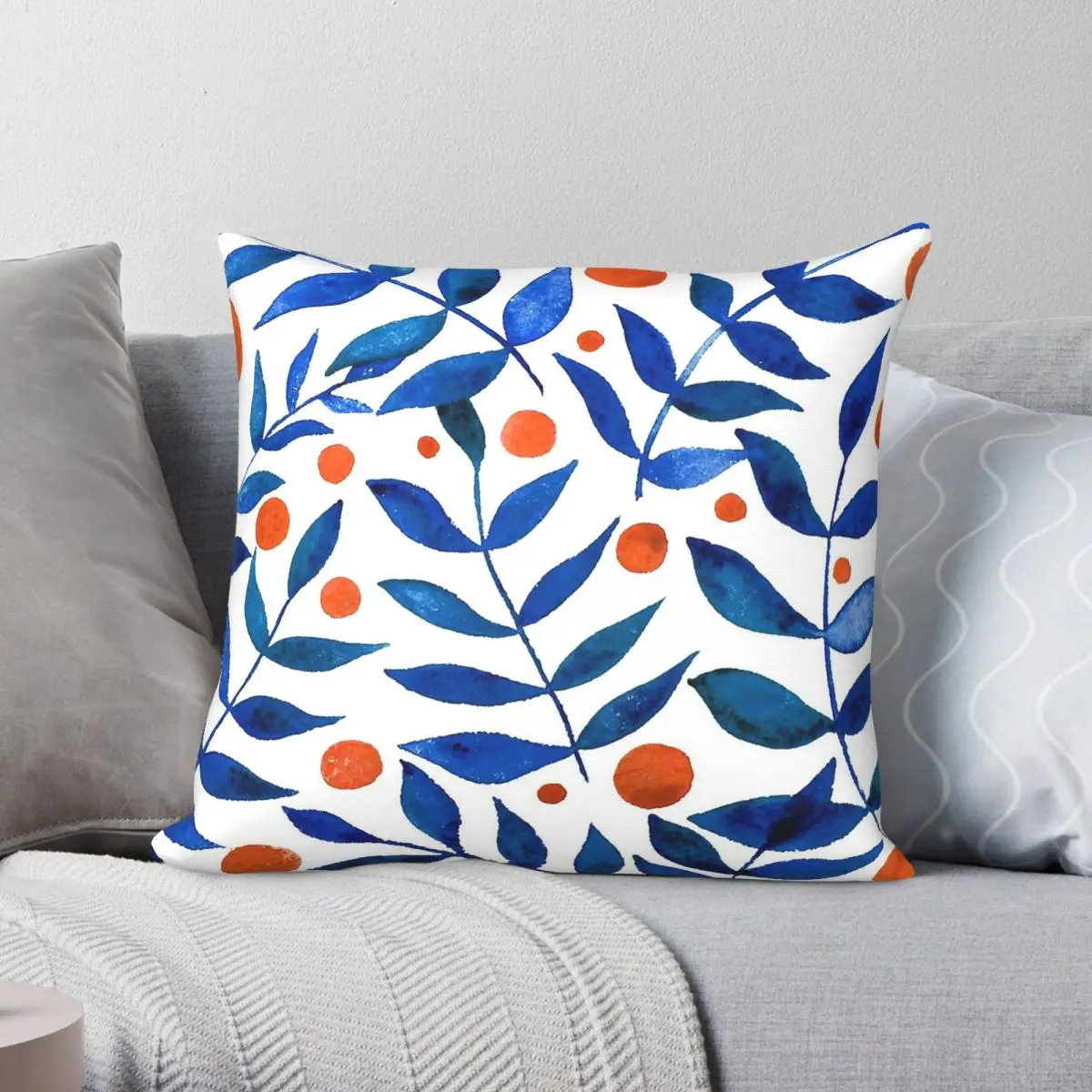 Berries Branches Blue Orange Square Pillowcase Polyester Linen Velvet Printed Zip Decor Pillow Case Home Cushion Cover
