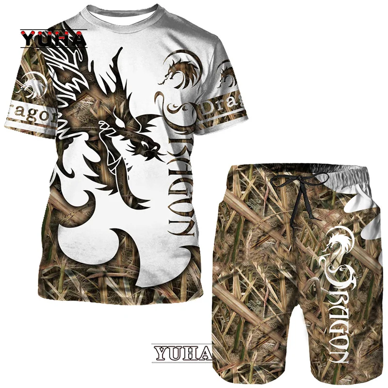 YUHA Flying Dragon Totem Art 3D Print Men's T-Shirt/Suit Summer Cool Short Sleeved Tops+Shorts Set Gothic Hip Hop Sportwear Trac