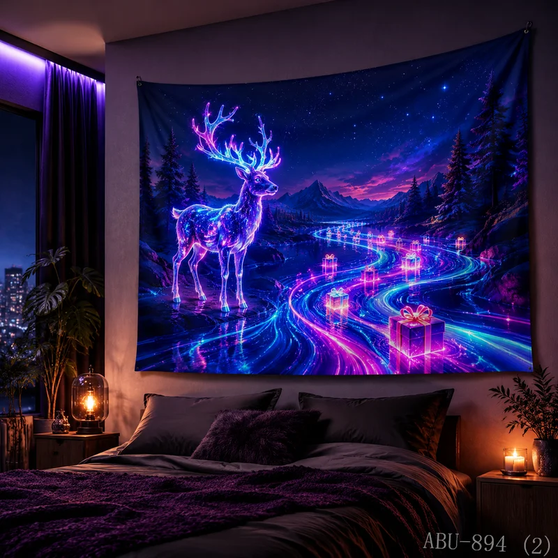 VIKAMA Neon Aurora Forest Elk Christmas Tapestry High Definition Background Cloth Holiday Atmosphere Room Decoration