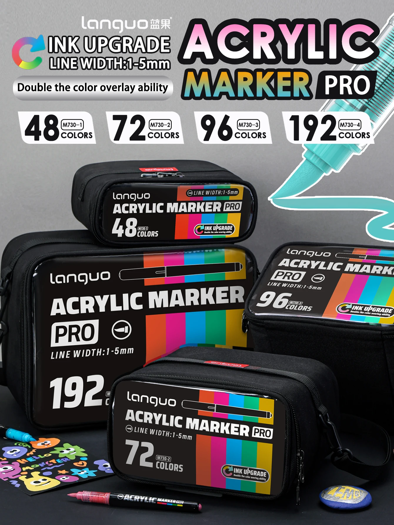 

Languo Acrylic Marker Pro 48/72/96/192 Colors, 1-5mm Brush Tip, Ink Upgrade Double Overlay, Waterproof Paint Pens for Art, DIY,