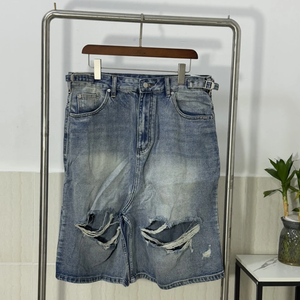 PFNW American Big Hole Denim Shorts Male High Street Loose Casual Wide Leg Solid Color Trousers 2025 Summer Chic Trendy 28W4033