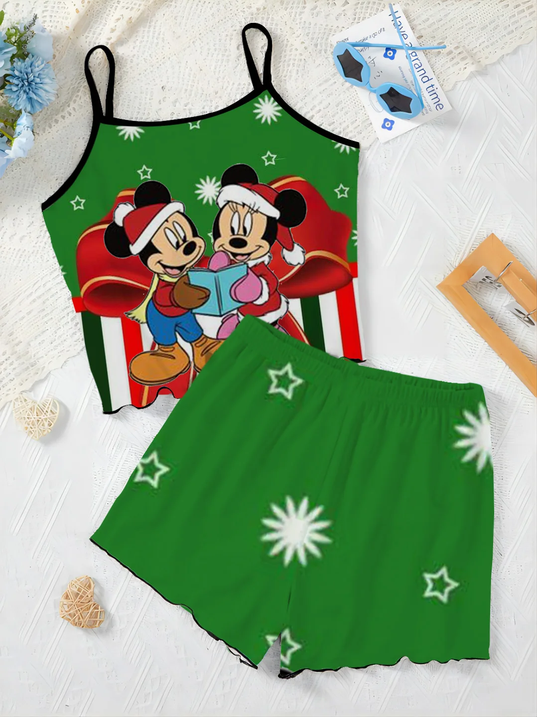 Top T-shirt Slip Dress Minnie Mouse Elegant Women's Sets Lettuce Trim Pajama Skirt Christmas Disney Mickey Pieces Short Suit Top