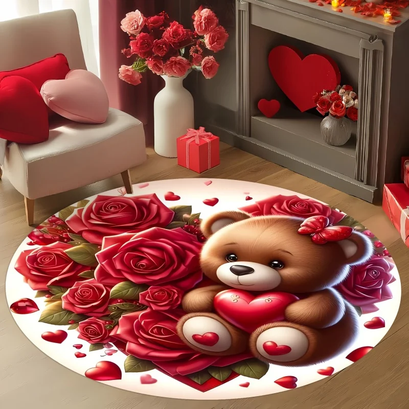 Valentine's Day Teddy Bear Rose Round Area Rug,Red Heart Floral Printed Circular Floor Mat,Romantic Holiday Decor