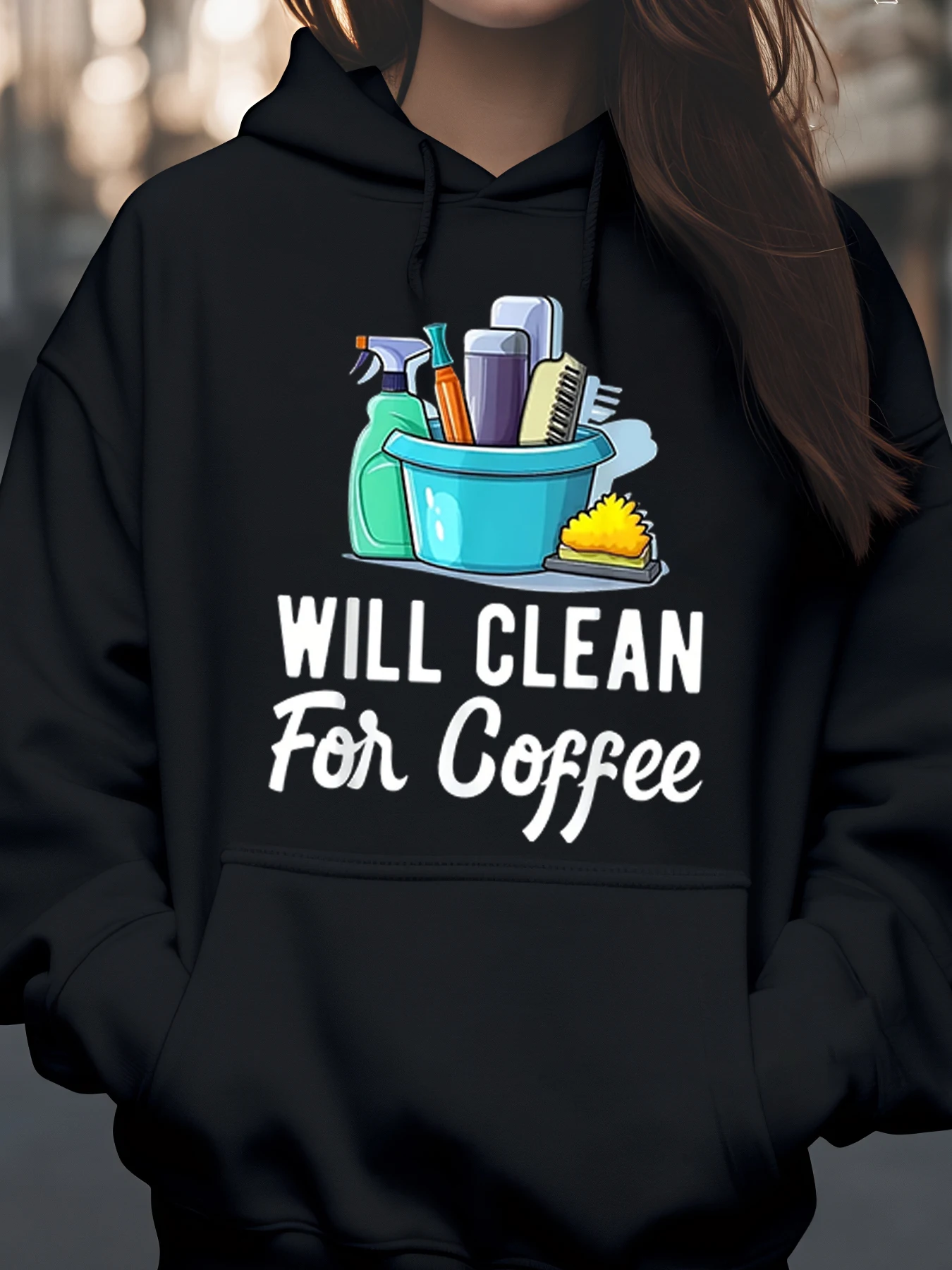 

Cleaning Supplies and Coffee Text Graphic Hoodie for Women Casual Wear Home Office Use