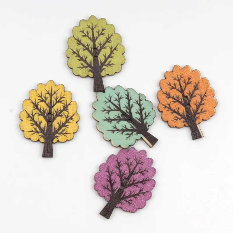 20pcs 30mm Colorful Retro Tree Shape Wooden Buttons For Clothing Sewing Accessories Scrapbooking Crafts DIY botones Decoration