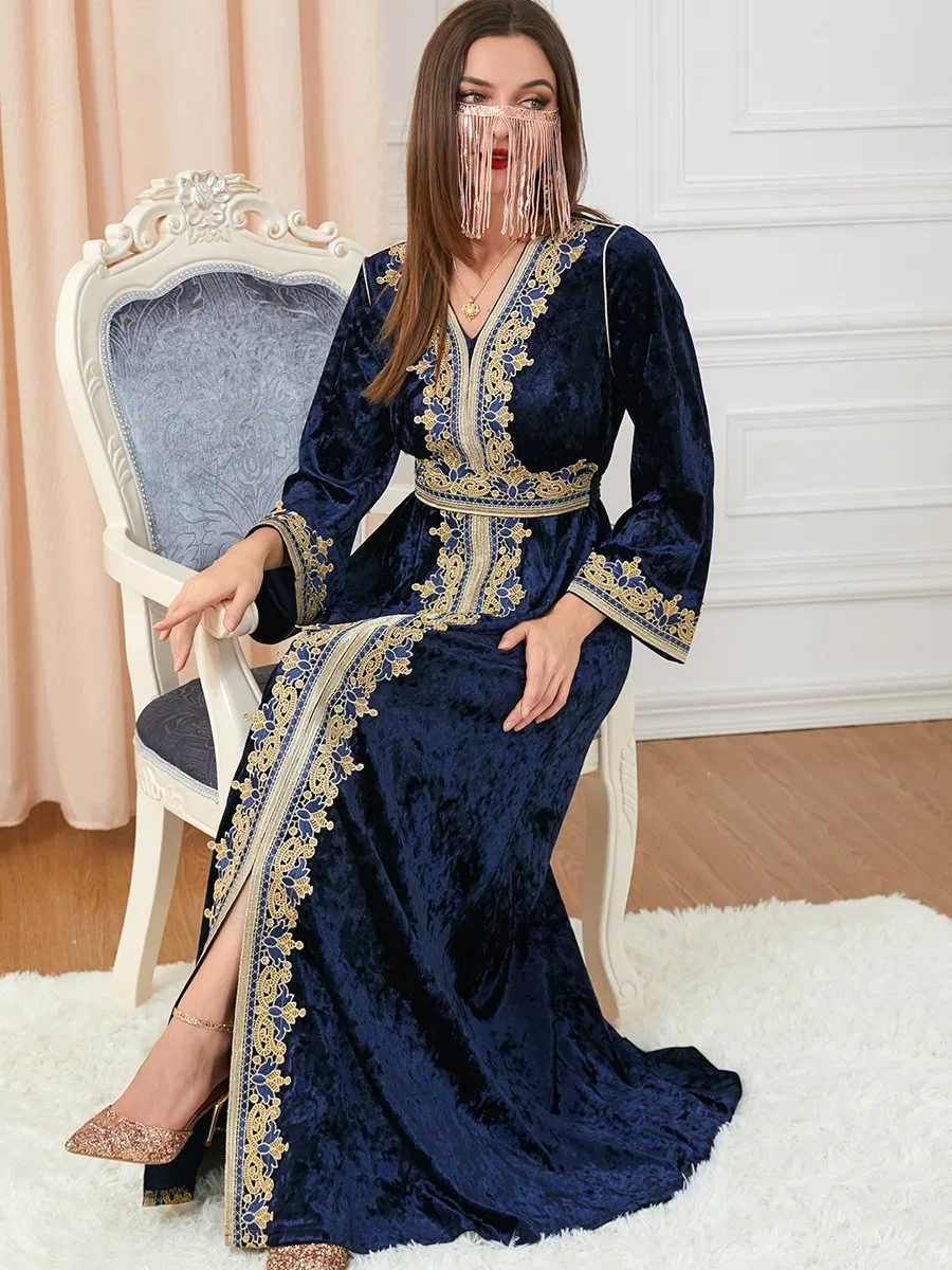 Otoño Invierno espesar vestido musulmán de terciopelo mujeres Abaya bordado Split Marruecos vestido de fiesta Kaftan Turquía árabe vestido largo