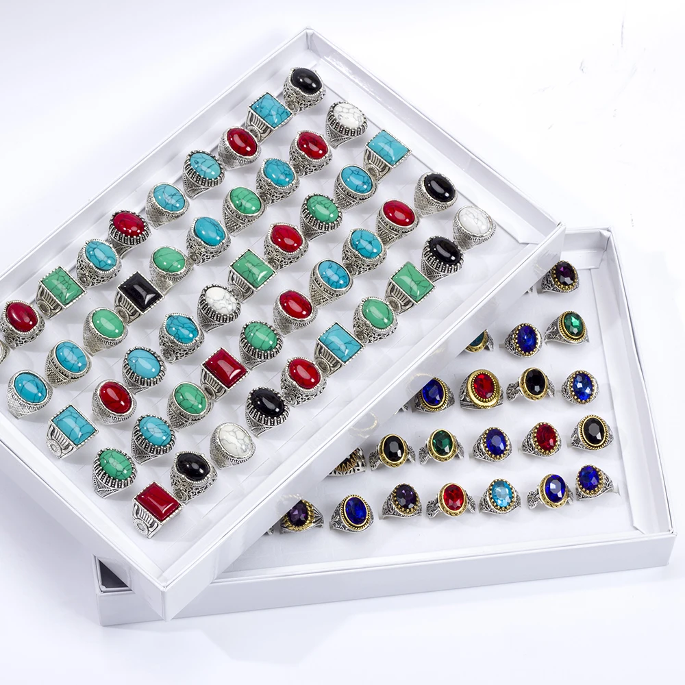 Bulk 20Pcs/Lot Mens Women's Vintage Metal Glass Turquoise Stone Rings For Party Gift Wholesale Jewelry