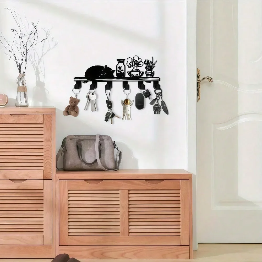 Metal Cat Wall Mounted Key Holder – Iron Entryway Hook Rack for Hats Coats, Home Decorative Storage Organizer